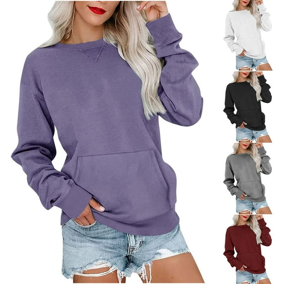 Utoimkio Women's Casual Crewneck Sweatshirts Long Sleeve Loose Solid Pullover Tops Fall Pullover Sweatshirts Tops Shirts with Pockets