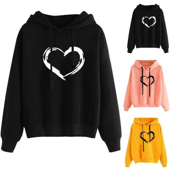 Utoimkio Women's Casual Heart Print Hoodies Long Sleeve Drawstring Pullover Sweatshirts Fall Lightweight Pullover Tops with Pocket