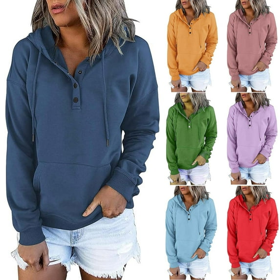 Utoimkio Women's Casual Hooded Sweatshirts Button Collar Long Sleeve Drawstring Hoodies Pullover Tops Relaxed Fit Pullover Sweatshirts with Pocket
