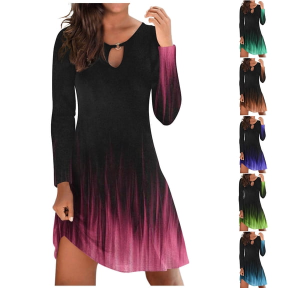 Utoimkio Women's Casual Long Sleeve Floral Print Midi Dresses Crewneck Loose Fit Knee Length Fall Dresses for Women