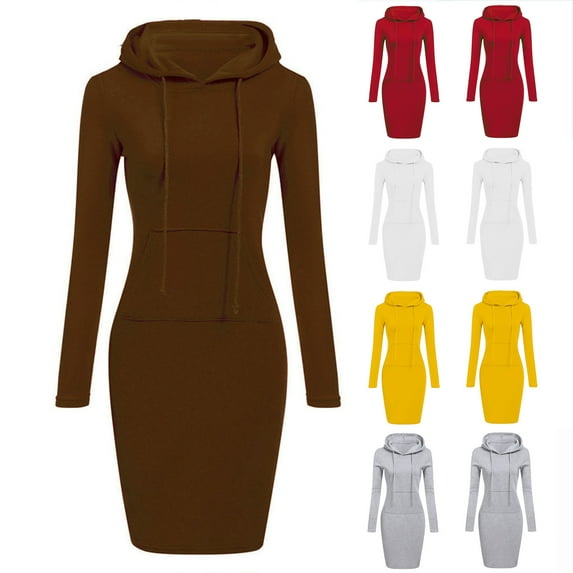 Utoimkio Women's Casual Long Sleeve Hooded Midi Dress Fall Winter Casual Drawstring Slim Fit Sweatshirt Dresses for Women