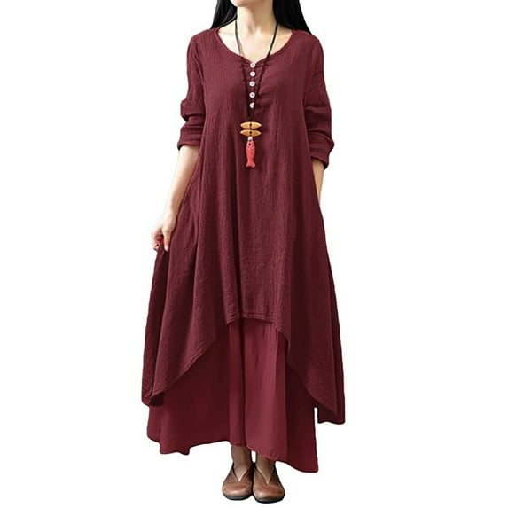 Utoimkio Women's Casual Loose Cotton Linen Maxi Dress Half Sleeve V Neck Swing Long Dresses for Women