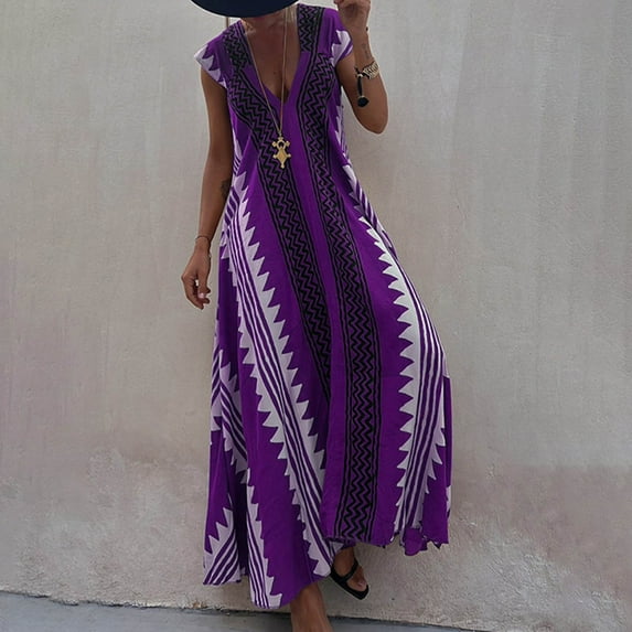 Utoimkio Women's Casual Loose Short Sleeve V Neck Summer Maxi Dresses Floral Print Full Length Summer Beach Long Dresses for Women