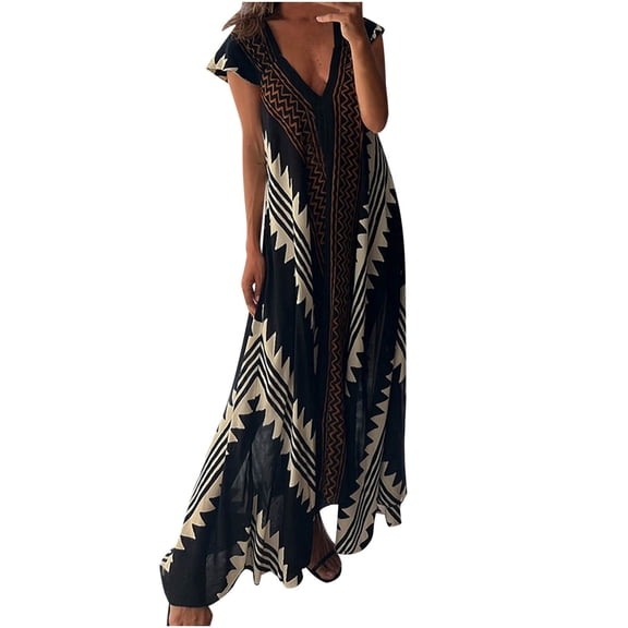 Utoimkio Women's Casual Loose Short Sleeve V Neck Summer Maxi Dresses Floral Print Full Length Summer Beach Long Dresses for Women