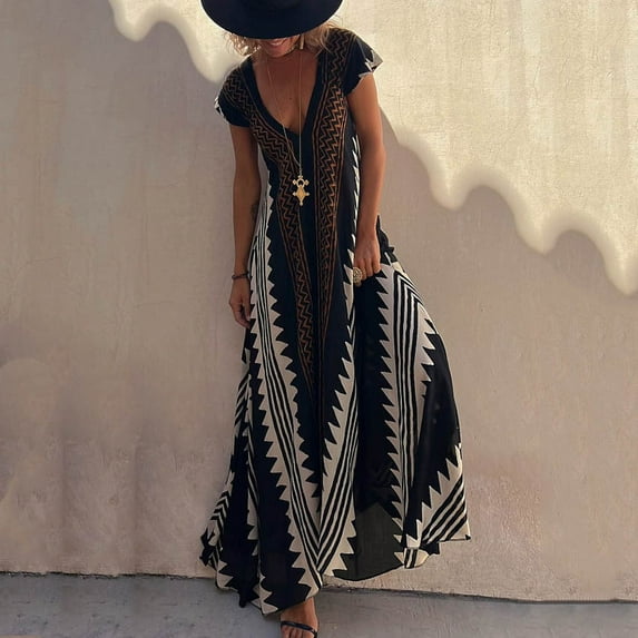 Utoimkio Women's Casual Loose Short Sleeve V Neck Summer Maxi Dresses Floral Print Full Length Summer Beach Long Dresses for Women