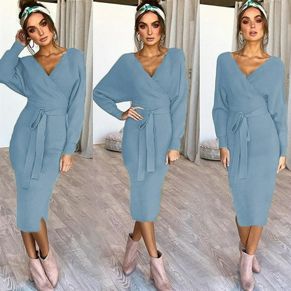 Utoimkio Women's Casual Off Shoulder Long Sleeve Slim Knit Bodycon Sweater Dress Fall V Neck Midi Pencil Dress
