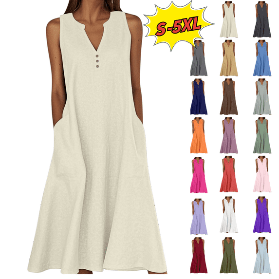 Utoimkio Women's Cotton Linen Maxi Dresses Summer Sleeveless V Neck Tank Dresses Flowy Beach Vacation Sundresses with Pockets Size S-5XL