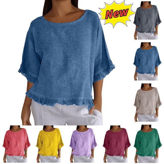 Utoimkio Women's Cotton Linen T Shirts Casual Ruffle Pleated Hem Half Sleeve Round Neck Blouses Summer Loose Breathable Tunic Tops Size S-XXL