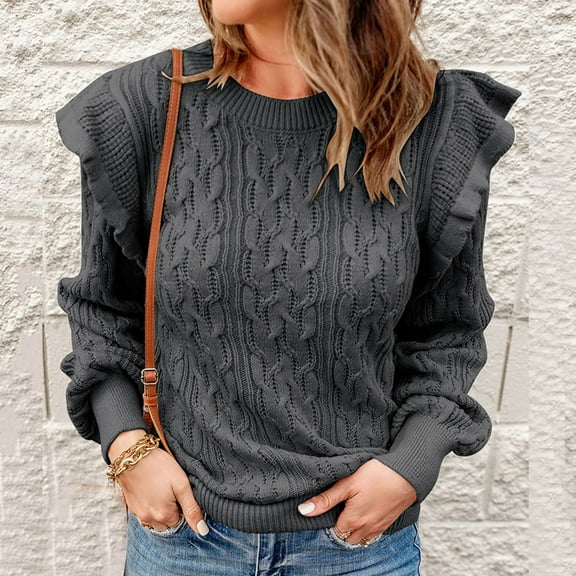 Utoimkio Women's Crewneck Sweaters Cable Knit Long Sleeve Ruffled Pullover Sweaters Fall Loose Fit Pullover Tops for Women