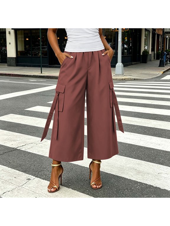 Women's Cropped Cargo Pants,Elastic Waist and Functional Side Pockets