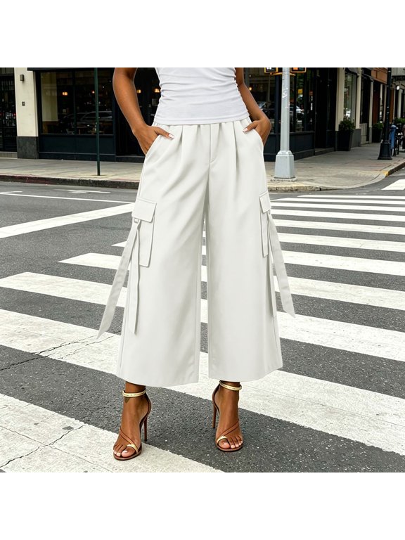 Women's Cropped Cargo Pants,Elastic Waist and Functional Side Pockets