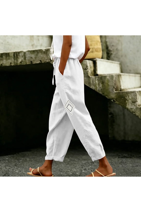 Women's Cropped Linen Pants Drawstring Elastic High Waist Square Lace Patch Straight Ankle Trousers with Side Pockets for Summer Beach Daily Walking