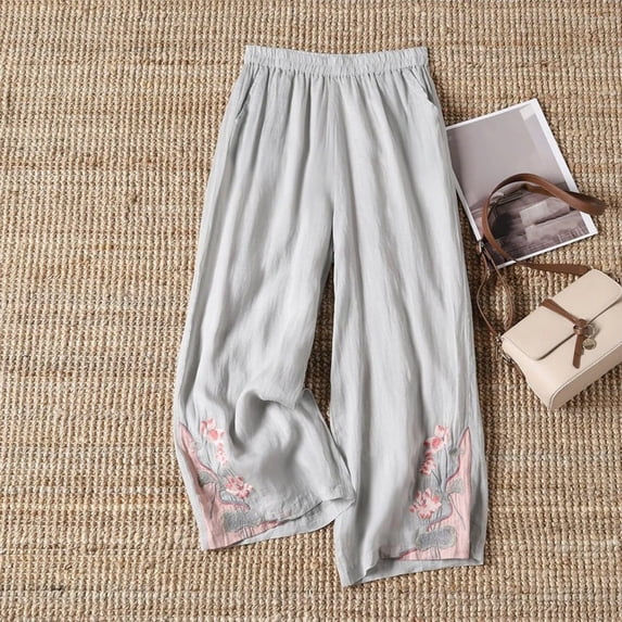 Utoimkio Women's Cropped Pants Linen Elastic Waist Floral Embroidery Capri Trousers with Side Pockets for Summer Beach Daily Walk