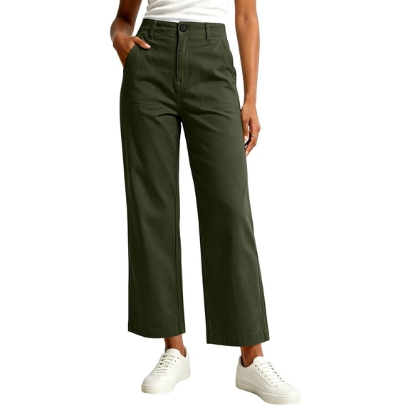 Utoimkio Women's Cropped Wide Leg Pants Button Fly High Waist Patch Pocket Denim Trousers with Side Pockets for Office Daily Wear