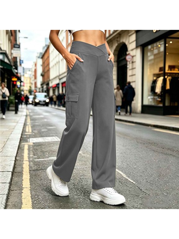 Women's Cross Wrap V High Waist Cargo Wide Leg Pants,Dual Side Flap Pocket Soft Knit Straight Utility Trousers for Street Casual & Daily Athleisure