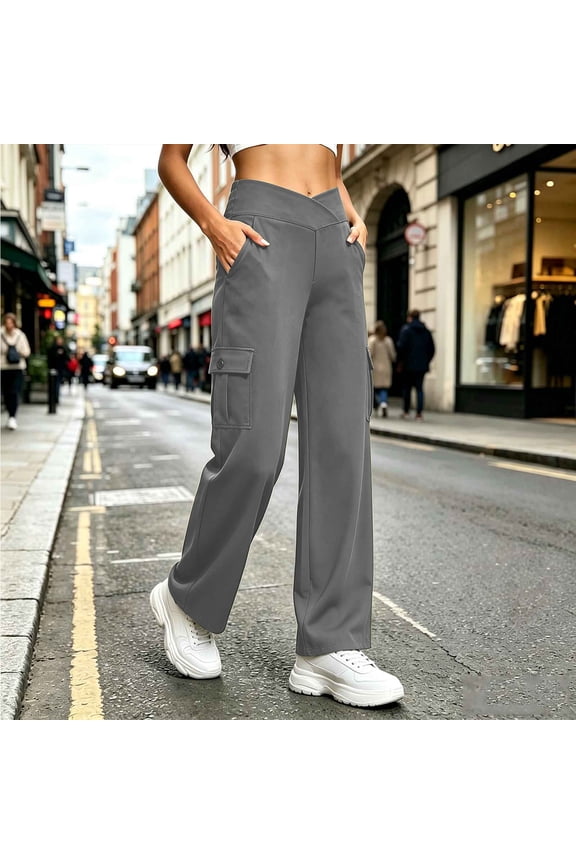Women's Cross Wrap V High Waist Cargo Wide Leg Pants,Dual Side Flap Pocket Soft Knit Straight Utility Trousers for Street Casual & Daily Athleisure