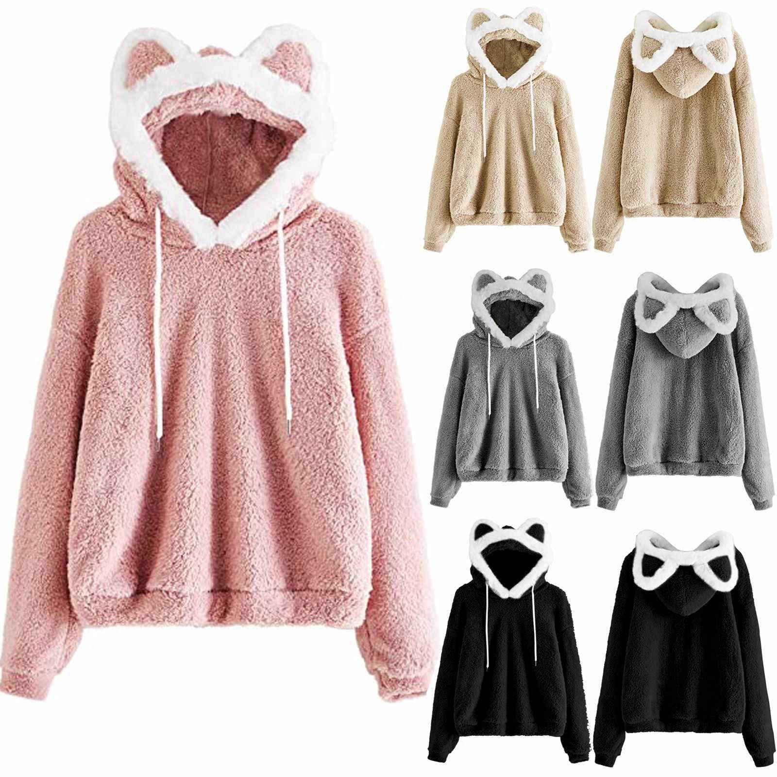 Utoimkio Women's Cute Cat Ears Hoodies Sweatshirt Long Sleeve Plush