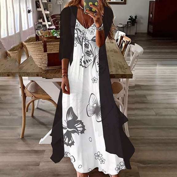 Utoimkio Women's Deep V Neck Loose Floral Long Maxi Dresses Fall Plus Size Party Long Dresses with a 3/4 Sleeve Smock