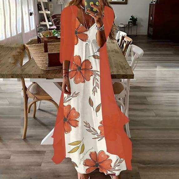 Utoimkio Women's Deep V Neck Loose Floral Long Maxi Dresses Fall Plus Size Party Long Dresses with a 3/4 Sleeve Smock