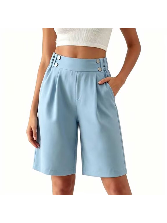 Women's Double Button Pleated Bermuda Shorts High Waist Front Pleat Straight Suit Shorts with Side Pockets for Office Daily Wear