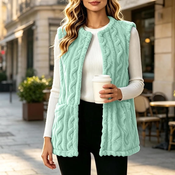 Utoimkio Women's Double Sided Fleece Vest Jacket Warm Soft Sleeveless Open Front Loose Casual Fall Winter Outerwear with Pockets Size S-XXL