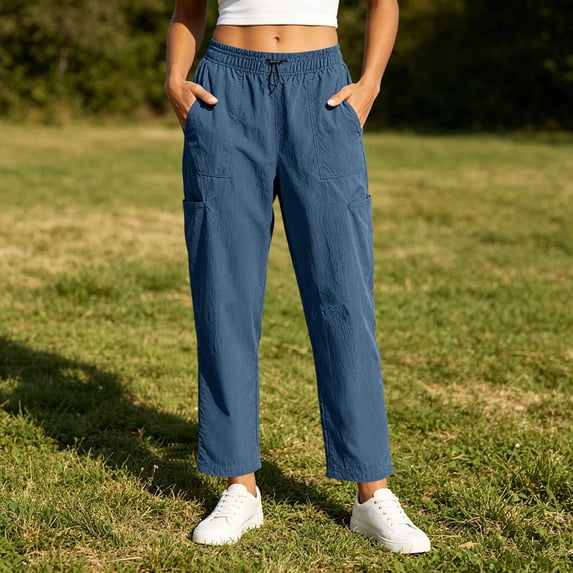 Utoimkio Women's Drawstring Cropped Cargo Pants Elastic High Waist Multi Pocket Ankle Length Casual Trousers with Side Pockets for Daily Street Walks