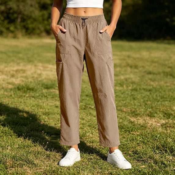 Utoimkio Women's Drawstring Cropped Cargo Pants Elastic High Waist Multi Pocket Ankle Length Casual Trousers with Side Pockets for Daily Street Walks