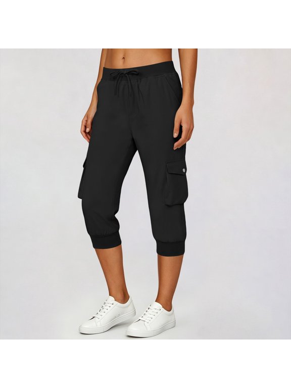 Women's Drawstring Elastic Waist Cargo Capri Jogger Pants,Side Flap Pocket Cuffed Mid-Calf Casual Sweat Capri for Sports Daily Lounge Wear