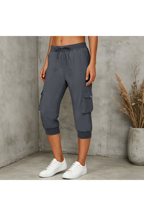 Women's Drawstring Elastic Waist Cargo Capri Jogger Pants,Side Flap Pocket Cuffed Mid-Calf Casual Sweat Capri for Sports Daily Lounge Wear