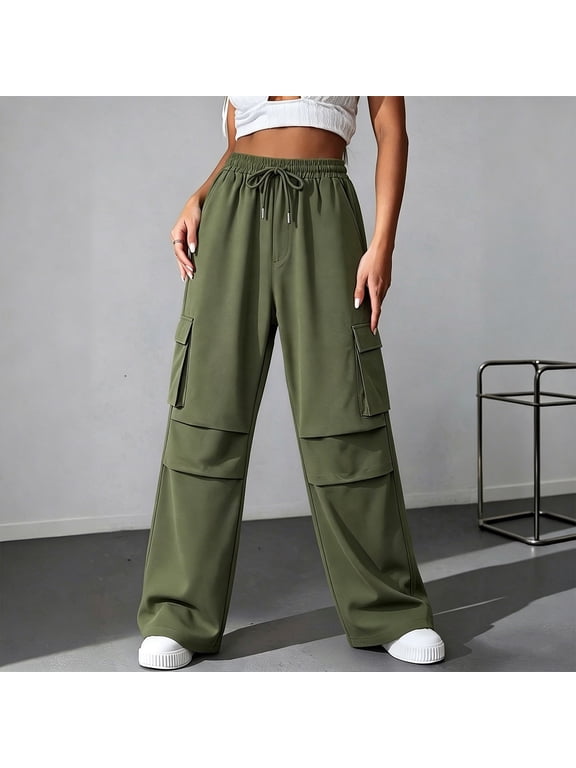 Women's Drawstring Elastic Waist Wide Leg Cargo Pants,Loose Fit Utility Trousers with Dual Layer Side Patch Pockets for Streetwear
