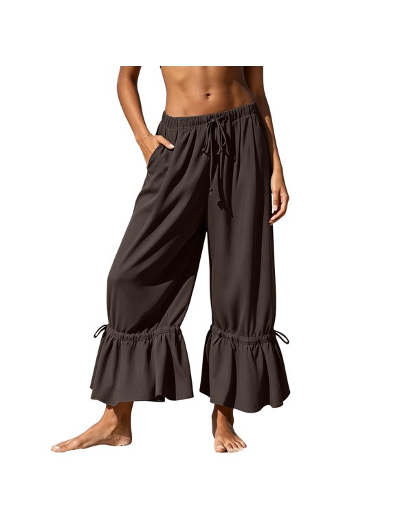 Women's Drawstring Flared Capri Pants Elastic Paperbag Waist Side Pockets Ruffle Cuff Loose Beach Cropped Trousers