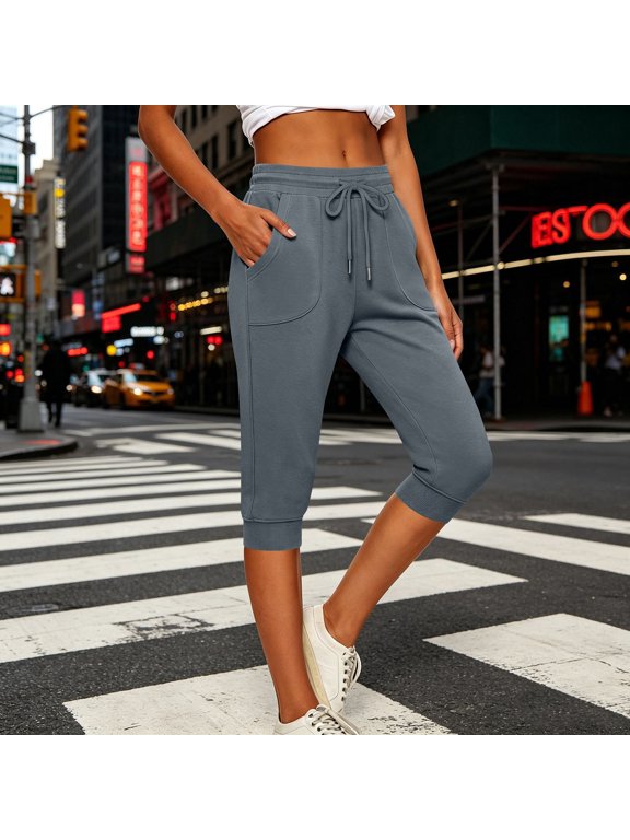 Women's Elastic Cuff Capri Jogger Sweatpants High Drawstring Waist Slant Side Pockets Soft Casual Cropped Athletic Trousers