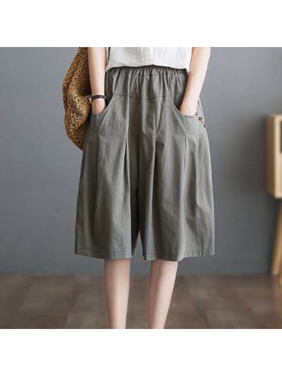 Women's Elastic Waist Culottes,Wide Leg Cropped Pants with Side Buttons