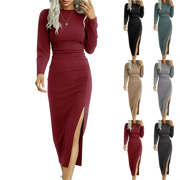 Utoimkio Women's Elegant Long Sleeve Party Dress Crewneck Side Split Formal Dress Evening Gowns for Women