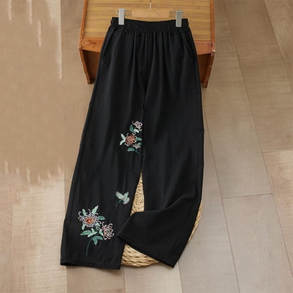 Utoimkio Women's Floral Embroidered Pants,Elastic Waist Wide Leg Trousers with Pockets