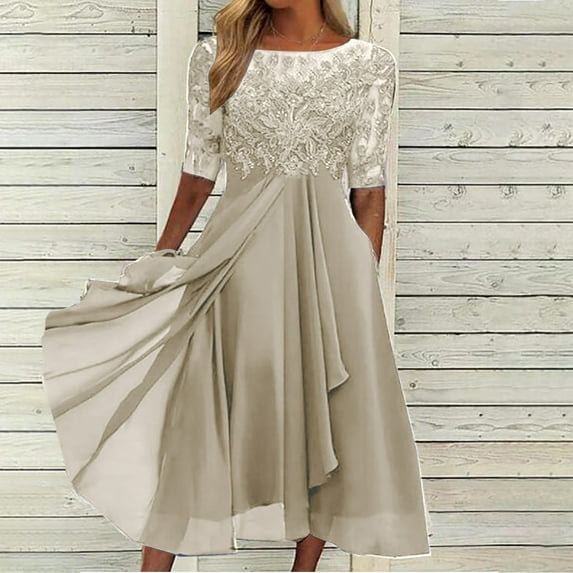 Utoimkio Women's Floral Long Sleeve Lace High Waisted Party Dresses Casual Loose V Neck Party Evening Gown A-Line Midi Dresses for Women