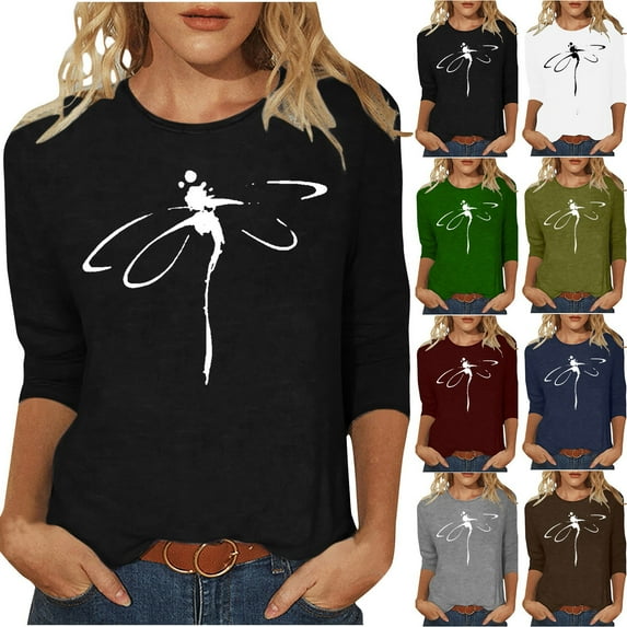 Utoimkio Women's Floral Print 3/4 Sleeve Crewneck T-Shirt Casual Slim Fit Cotton Tunic Tops Soft Breathable Tee Shirts