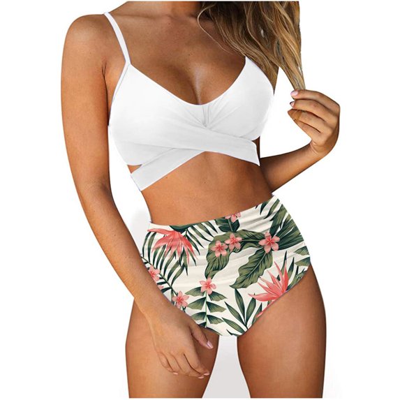 Utoimkio Women's Floral Print Bikini Set High Waisted Swimsuits Tummy Control Two Piece Bathing Suits for Women Summer Sexy Swimwear Beachwear