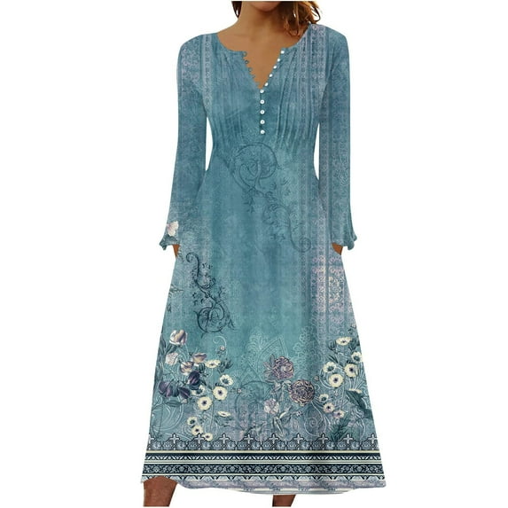 Utoimkio Women's Floral Print Long Sleeve Maxi Dress Casual Loose V Neck Button Down Long Dresses for Women