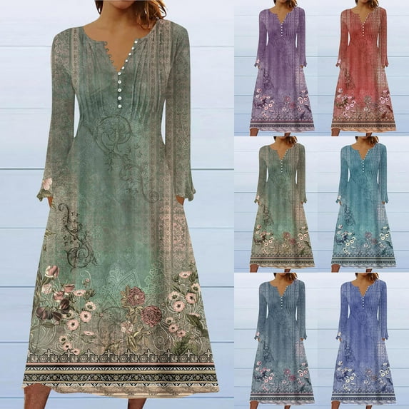 Utoimkio Women's Floral Print Long Sleeve Maxi Dress Casual Loose V Neck Button Down Long Dresses for Women