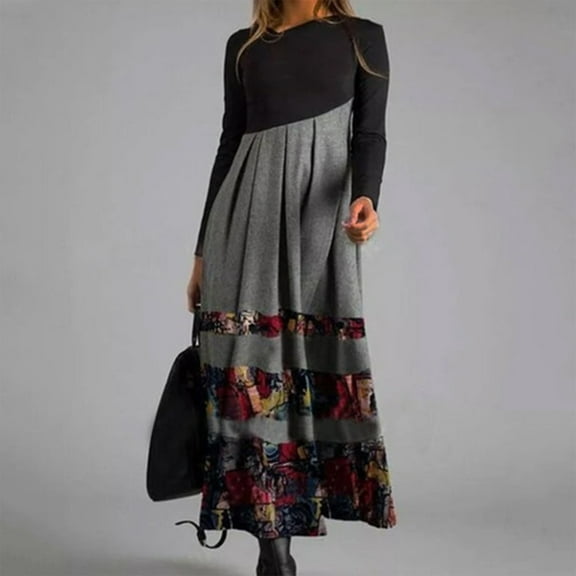 Utoimkio Women's Floral Print Long Sleeve Midi Dress Casual Loose Crewneck Long Dresses for Women with Pockets