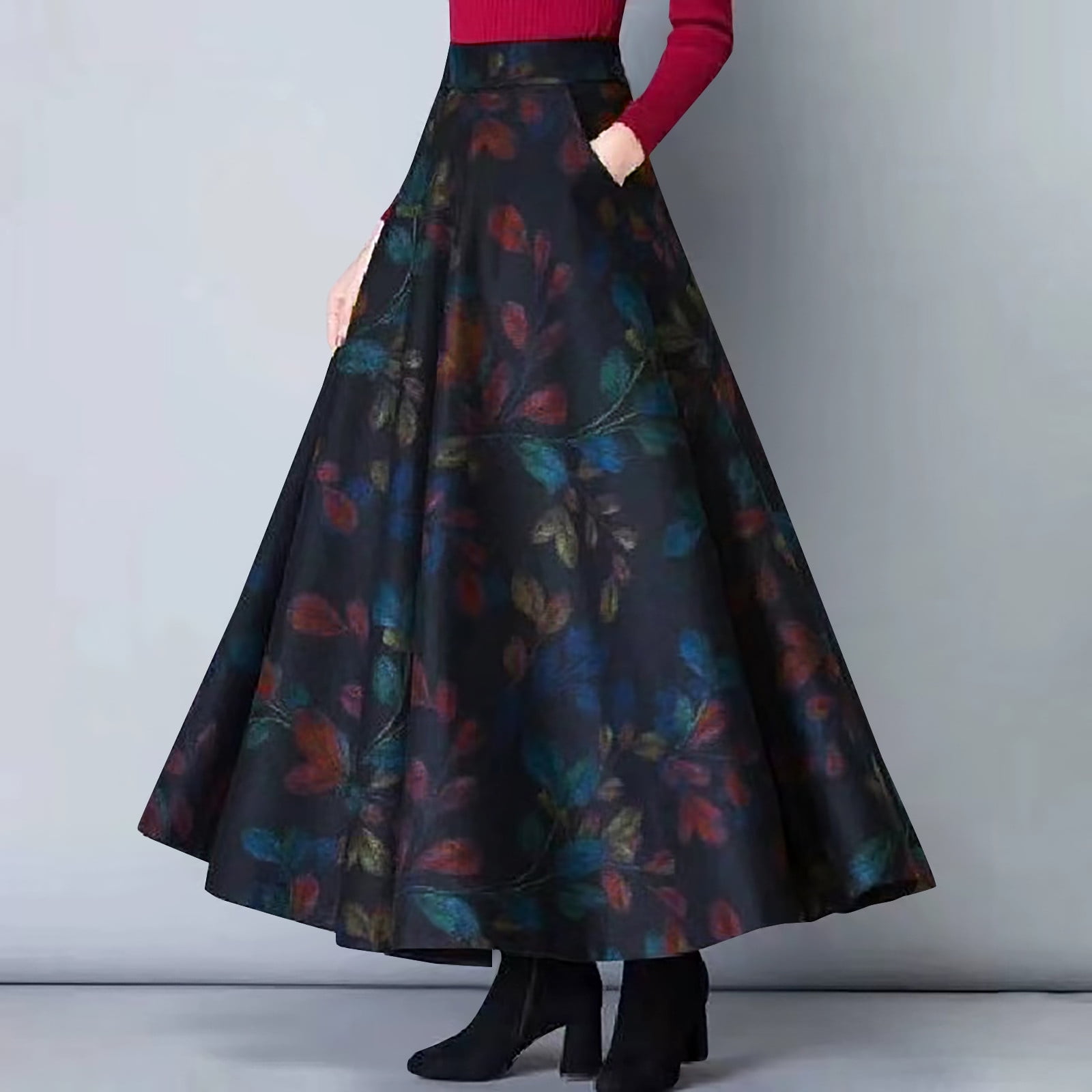 Autumn Winter Elegant Pleated Long Solid High Waist A-Line Maxi Skirt