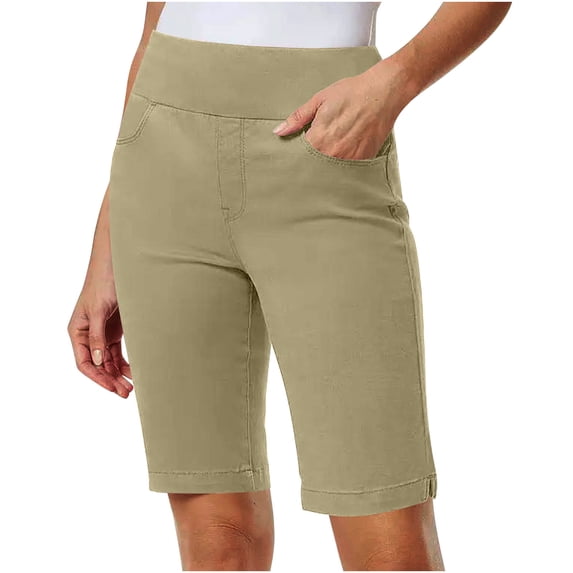 Utoimkio Women's High Waist Bermuda Shorts,Casual Pull-On Denim-Look Shorts with Pockets