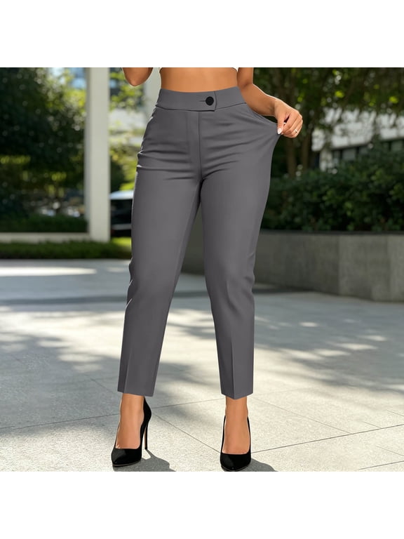 Women's High Waist Cropped Straight Dress Pants Single Button Fly Dual Side Pockets Slim Ankle Office Trousers