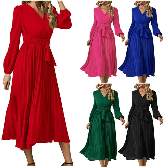 Utoimkio Women's High Waist Long Sleeve Midi Dress Fall Casual Slim Fit V Neck A-Line Ruffles Long Dresses for Women with Belted