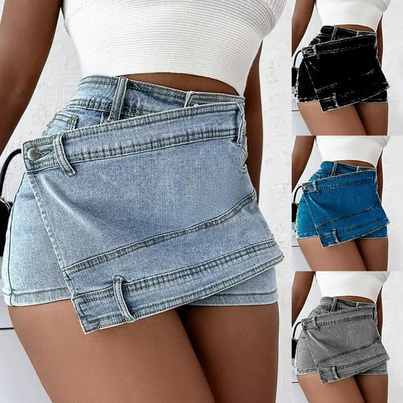Utoimkio Women's High Waist Pleated Irregular Denim Skirts School Uniform A-Line Mini Skirt with Shorts