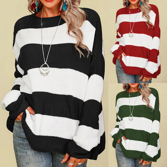 Utoimkio Women's Knit Sweaters Long Sleeve Crewneck Loose Color Block Pullover Sweaters Winter Knitted Outwear Jumper Tops