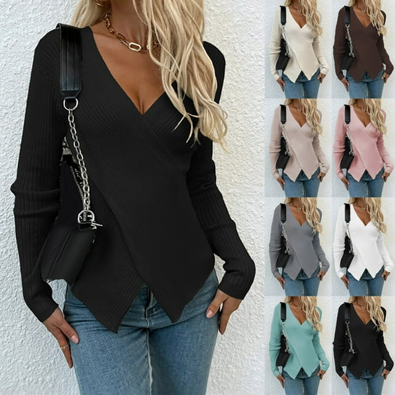 Utoimkio Women's Knit Sweaters Long Sleeve Deep V Neck Loose Pullover Sweaters Solid Knitted Outwear Jumper Tops