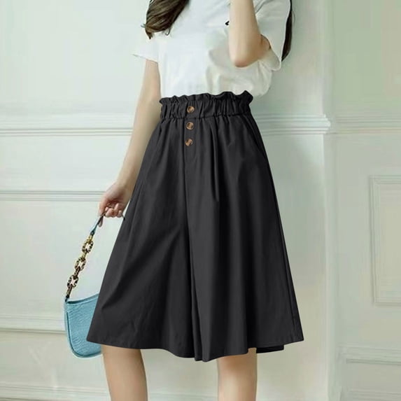 Utoimkio Women's Light Blue Culotte Shorts,High Waisted Cropped Wide Leg Trousers with Ruffled Waist and Buttons