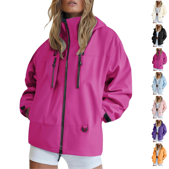 Utoimkio Women's Lightweight Outdoor Hooded Rain Jacket,Full Zip Long Sleeve Windproof Coat with Pockets Spring Fall Outerwear Size S-XXL